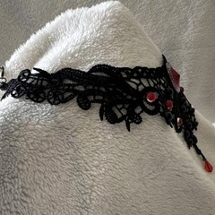 Black Lace Gothic Victorian Choker Necklace with Red Glass Stones Adjustable