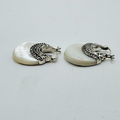 Sterling Silver Mother of Pearl Marcasite Hoop Earrings Signed BBJ