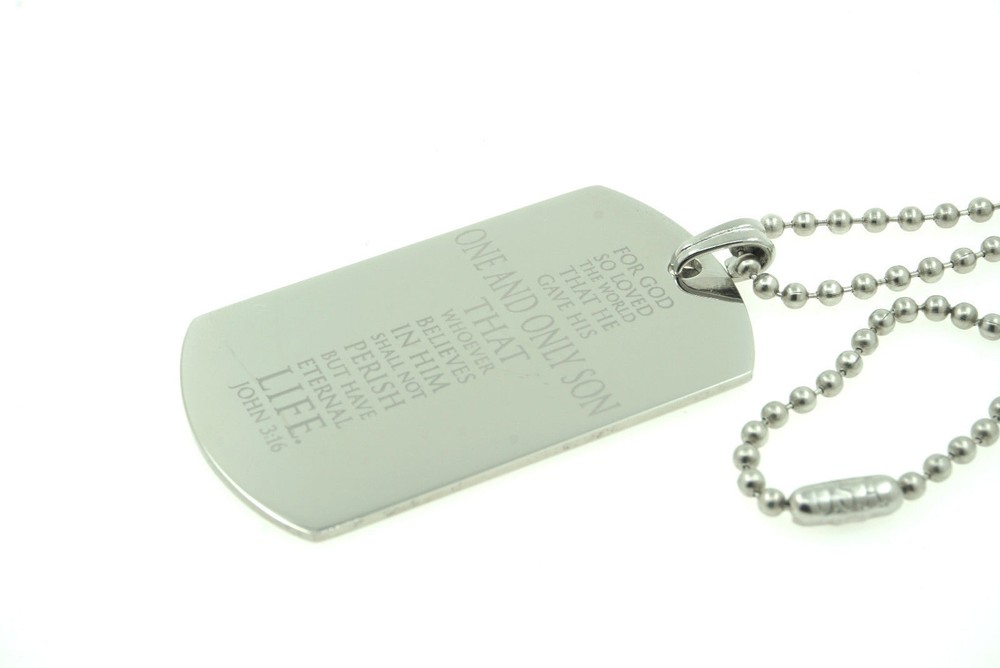 John 3:16 Bible Verse Cross Custom Engraved Dog Tag Pendant Necklace Christian