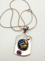 Sterling Silver Dichroic Art Glass Amethyst Moonstone Dog Tag Pendant Necklace