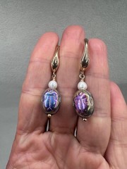 Green Scarab Layered Pearl Collar and Earrings, Egyptian inspired