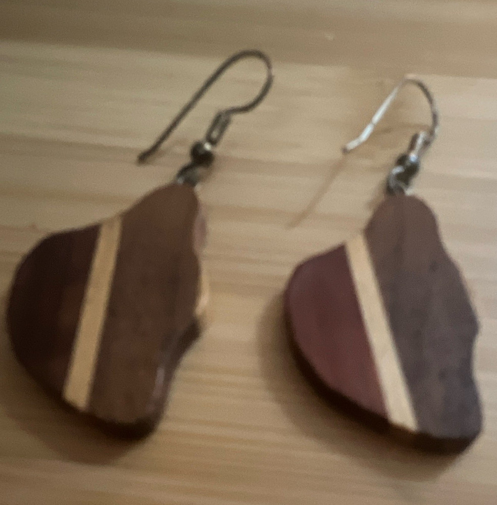 Handcrafted Brown Wood Dangle/Drop Earrings Asymmetrical Stripe Hook Closure