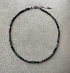 INDIAN AGATE & Hematite Tube Cylinder Beads Unisex Necklace 18” Stainless Steel
