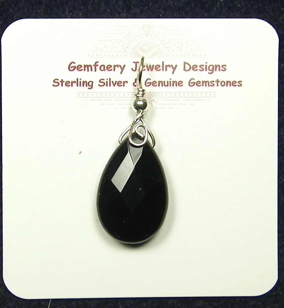 Sterling Silver Faceted Natural ONYX Teardrop Pendant #283…Handmade USA