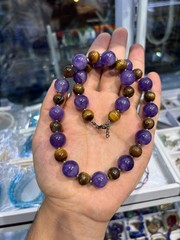 Handmade Amethyst Tiger Eye Beaded Necklace Gemstone Statement Jewelry