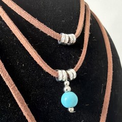 Handcrafted Brown Leather layered Necklace 18”, Turquoise Mandala Pendant (6.18)