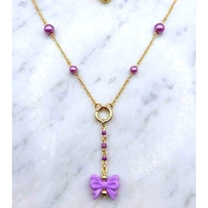 Handmade Necklace Gold Toned Purple Faux Pearl Bow Lariat Heart Y-Shape