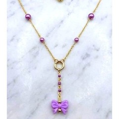 Handmade Necklace Gold Toned Purple Faux Pearl Bow Lariat Heart Y-Shape
