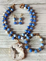 Agate Druzy Chunky Statement Double Strand Blue Gold Necklace Earrings Bracelet