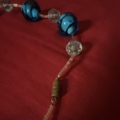 Vintage Blue & Clear Glass Round Bead Choker Bugle Beaded Chain, Barrel Closure