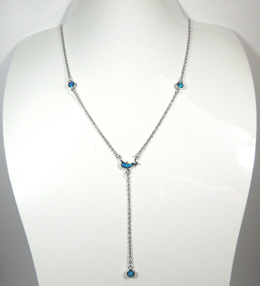 Double Sided Blue Fire Opal Inlay 925 Sterling Silver Dolphin Lariat Necklace