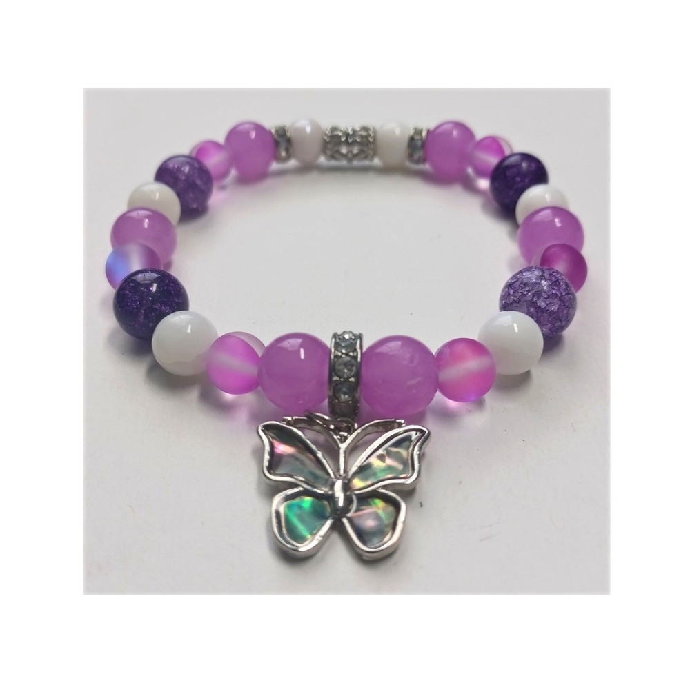 Butterfly Charm Purple, Lavender and White Beaded Bracelet