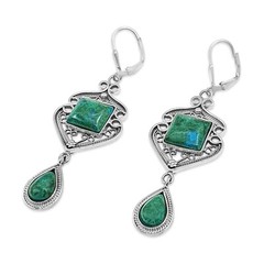 Sterling Silver Eilat King Solomon Stone Yemenite Filigree Square Drop Earrings