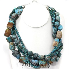Multi-Strands Natural Green/Blue Turquoise Rough Nugget Necklace 19-22″