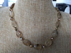 Handmade Necklace of Honey Quartz Glass, Golden Crystal, and Bronze Metal Beads