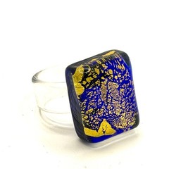 Vintage 90s Handblown Cobalt Blue Gold Foil Abstract Glass Modernist Ring