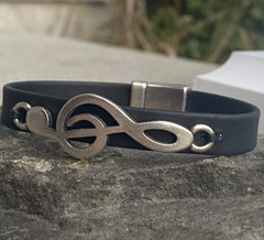 Music Lovers Black Leather Bracelet Silver Music Note Clef Bracelets