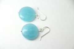 Quartz Blue 18mm Round Coin Gemstone .925 Sterling Silver Hook Earrings 1 1/4″