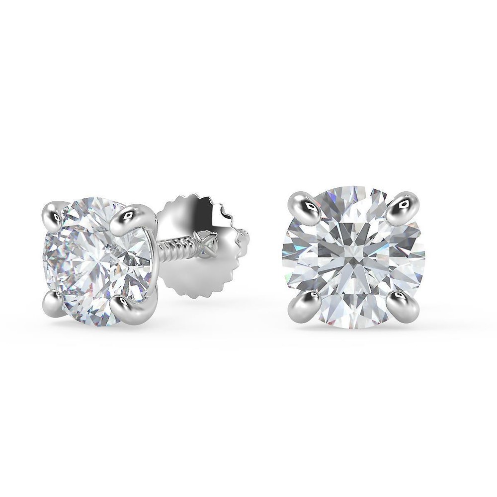 2 Ct Round Cut Stud Diamond Earrings VS1 D Screw Back White Gold 18k