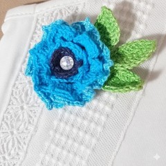 Brooch Blue Dahlia Corsage Magnetic Lapel Pin Crochet Floral Flower Handmade