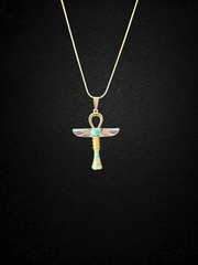 Winged Isis Ankh Necklace – Brass Pendant with Turquoise and Red Enamel
