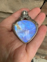 Large Artisan Handcrafted Sterling Silver Rainbow Moonstone pendant Brand New