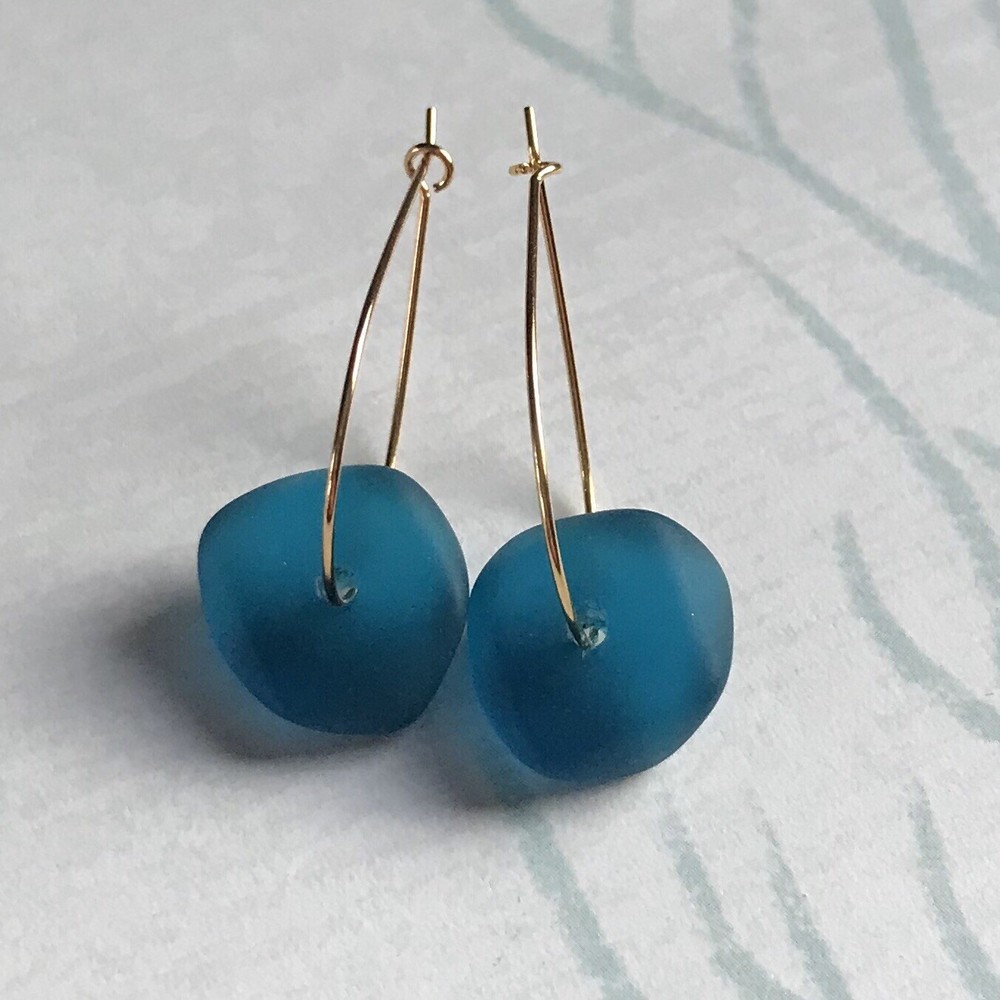 Min Favorit Teal Sea Glass Nugget & Gold Pl Artisan Drop Earrings