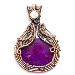 Purple Labradorite Copper Wire Wrapped Pendant 3″ Handmade Moonstone Crystal