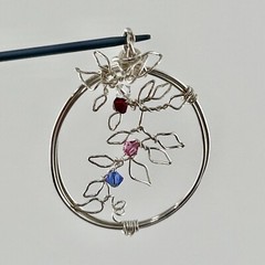 Handcrafted Artisan Pendant Wire 4 Beads Flower Vine Twisted 2.25” Silver Tone