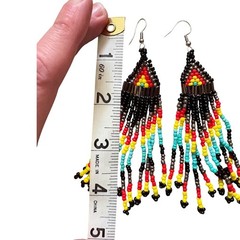 Handmade Beaded Fringe Earrings Southwestern Black Red Yellow Turquoise 4 Inch