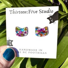 Thirteen:Five Studio Handcrafted Multicolor Resin Cat Stud Earrings