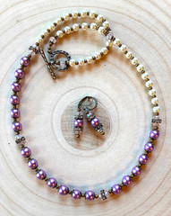 WHITE & LAVENDER GLASS PEARL Faceted Crystal BRONZE necklace set LEVERBACK