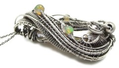 White Pearl Pendant with Ethiopian Opals, Wire-Wrapped in Sterling Silver