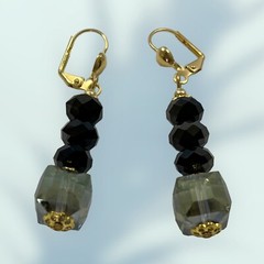 Austrian Crystal Aurora Borealis Earrings Gold Toned Dangle Black Grey Leverback