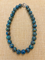 Blue Malachite Necklace Striped Man Made 14-inch, Hand-knotted Marbled