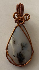 Necklace Pendant Dendritic Agate Stone Milky Brown & Blue wrapped Copper Wire
