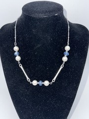 Adj 16-19″ White Shell Pearl & Blue Glass Rondelle Station Necklace