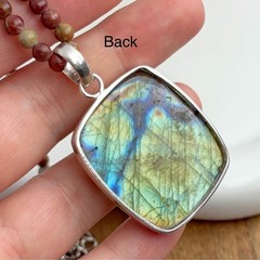 Southwest Pure Sterling Silver 925 Flash Labradorite Pendant Jasper Necklace