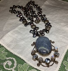 Lovely Handmade Denim Lapis, Cultured Pearls, Crystal & Sterling Silver Necklace