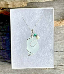 Light Aqua Sea Glass Wire Wrapped Pendant Necklace 18″ Silver Jewelry Gift Her