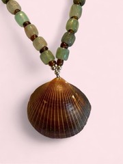Handmade Seashell Necklace, Brown Shell pendant and Green and Brown Glass beads