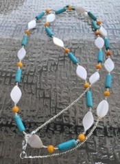 Long Necklace of White and Orange Shell Beads with Turquoise Magnesite Stone