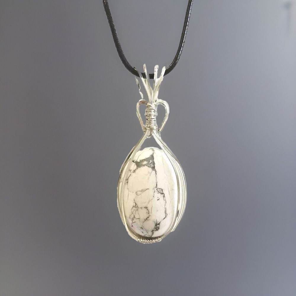 White Howlite Gemstone Pendant 18 In. With Silver Plated Wire Wrap, Gift.