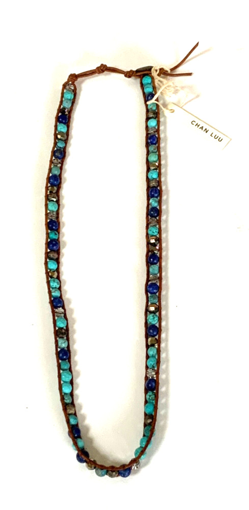 NWT Chan Luu Turquoise Stones Silver leather necklace 20”