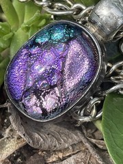 Mexico Sterling Silver Dichroic Glass Domed Pendant. 925 Chain. Iridescent