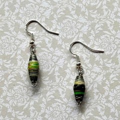 Handmade Green and Brown Paper Bead Sterling Silver Dangle Earrings