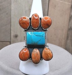 Southwestern Turquoise Spiny Oyster Ring Cluster Adj 5 to 7.5 Sterling Silver