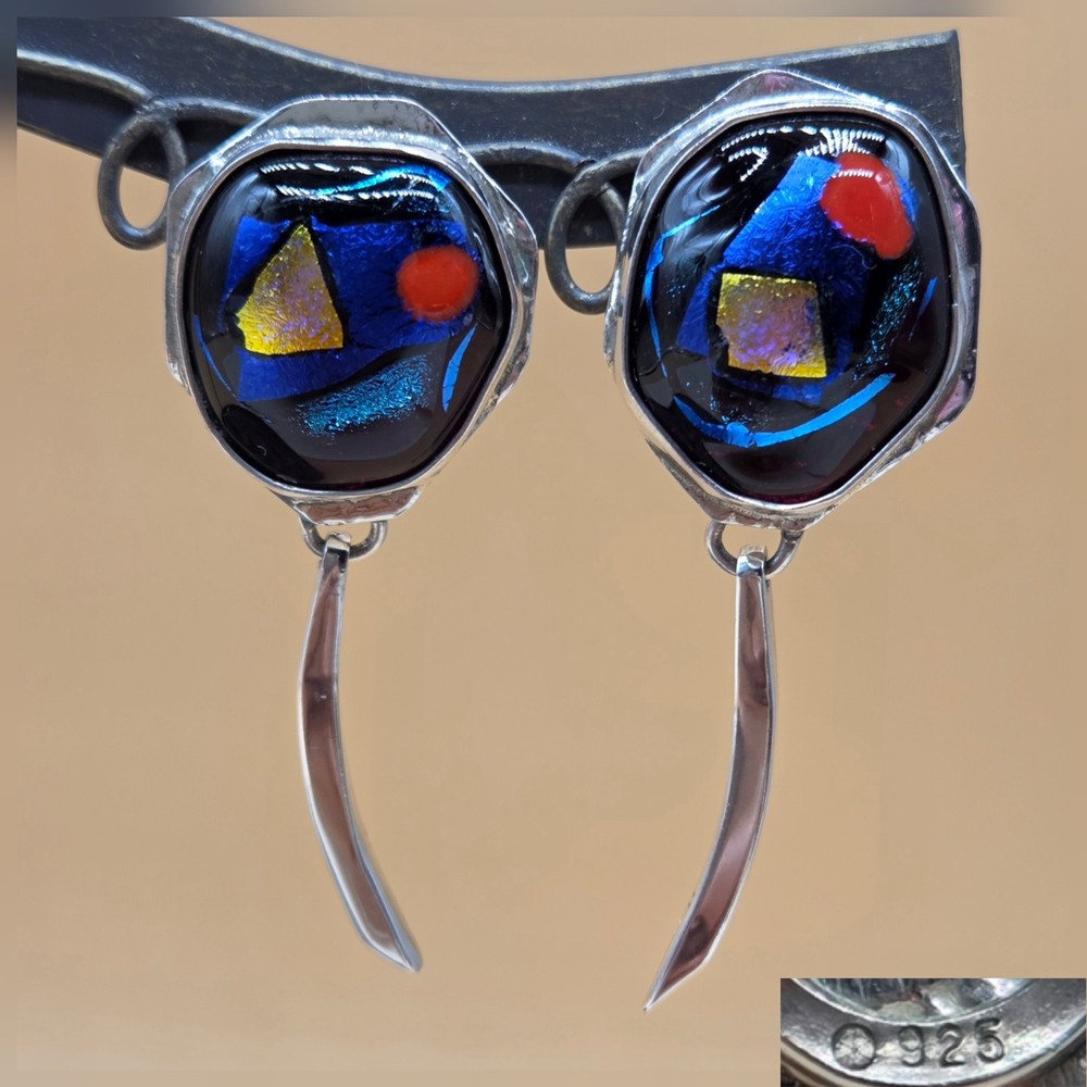 Sterling Silver 925 Mosaic Enamel Metallic Colorful Dangle Statement Earrings
