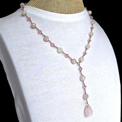 Artisan Rose Quartz Y Drop Necklace Pink Crystal Sterling Clasp 18″-20″