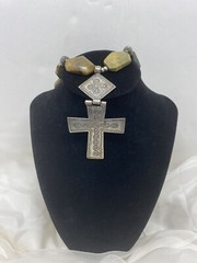 Artisan made Mexican-style Alpaca metal cross and agate stone necklace